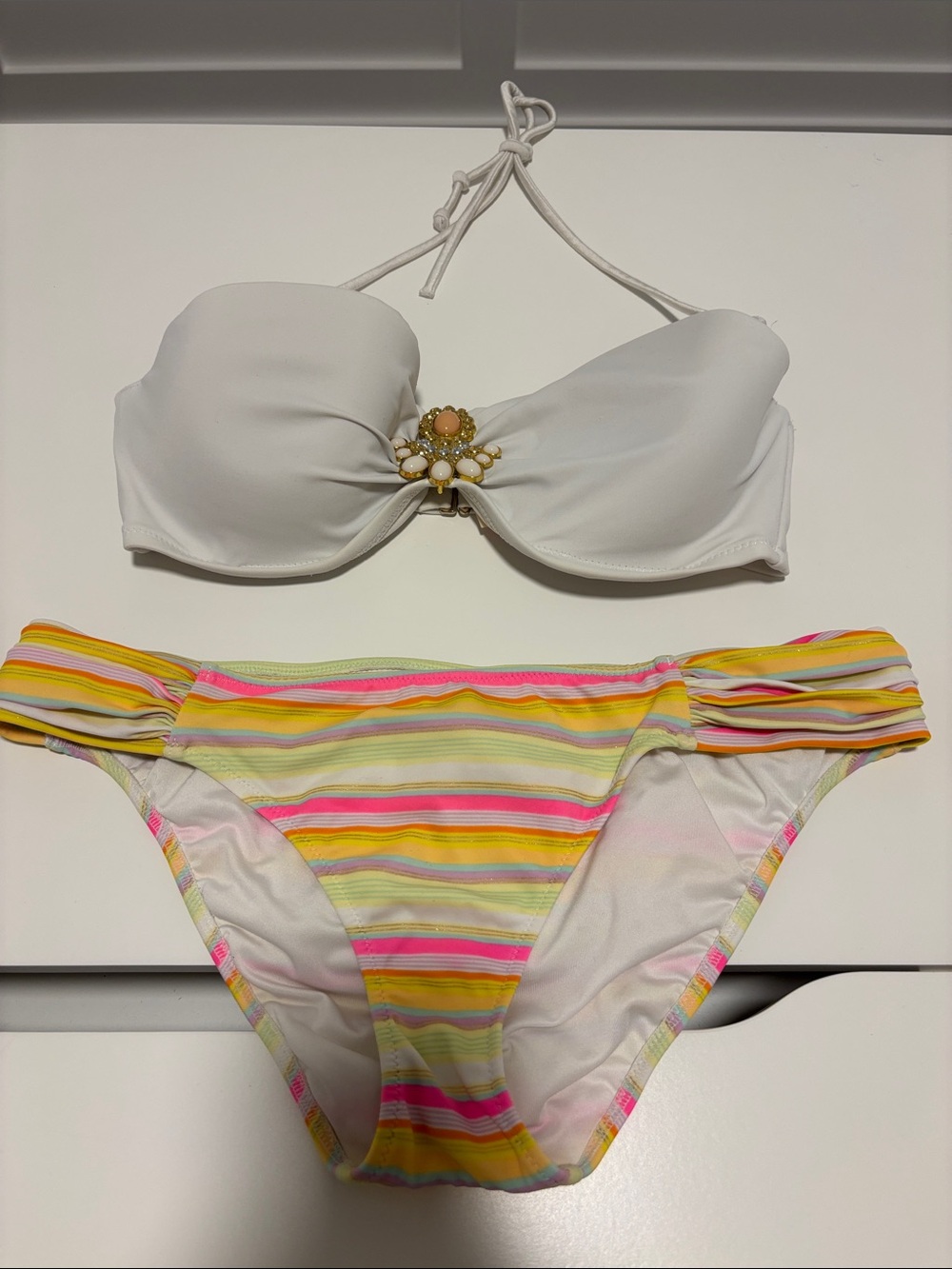 Victoria Secret White Halter Bikini Top with Striped Yellow-Pink Bikini Bottom